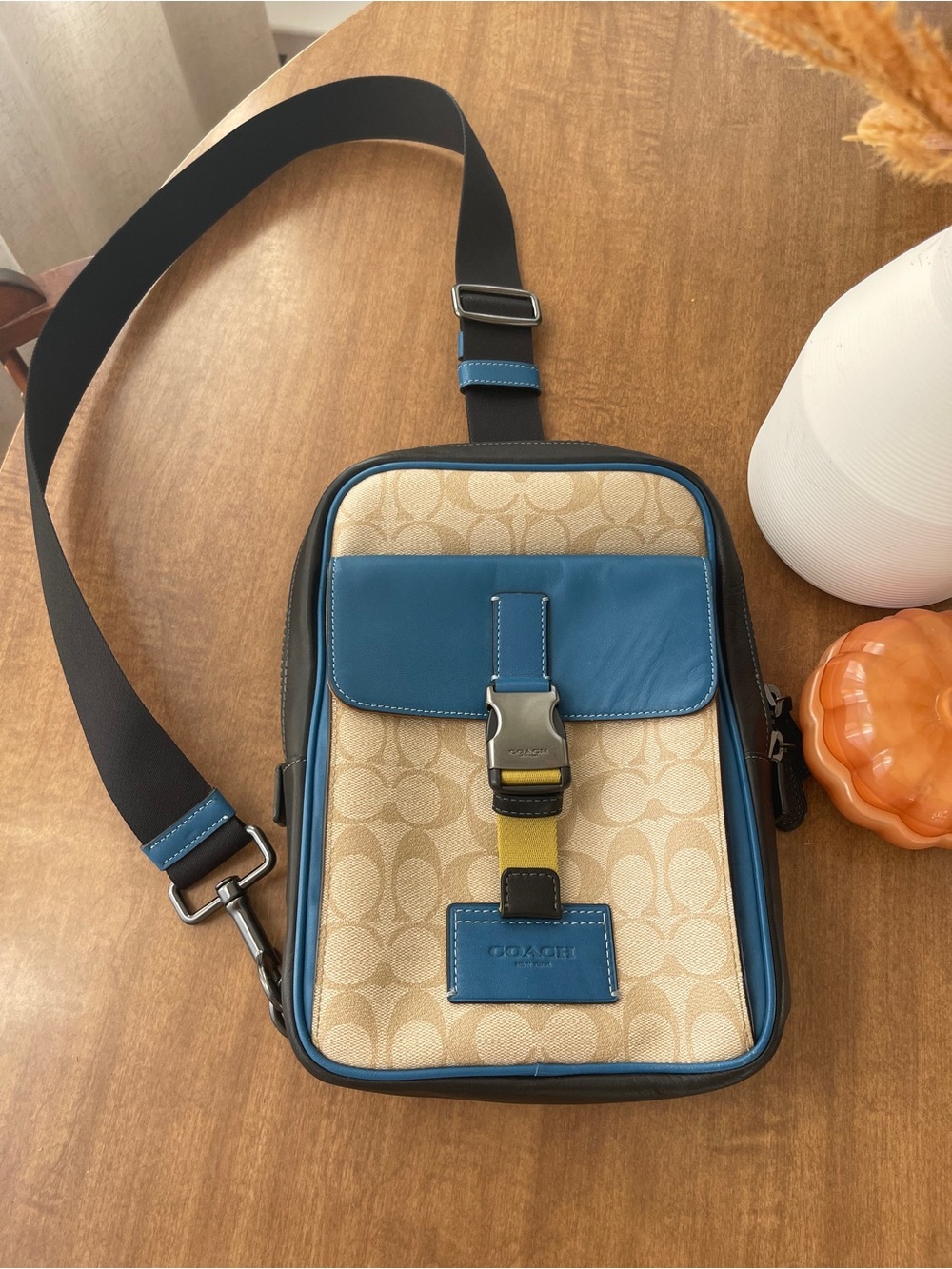 Coach Men’s Beige Signature Canvas Crossbody with Blue Leather Trim